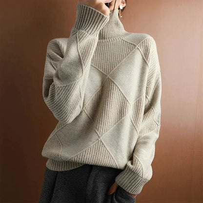Women's Sweater – Wool Blend – Oversized Fit – High Neck – Ribbed Pattern