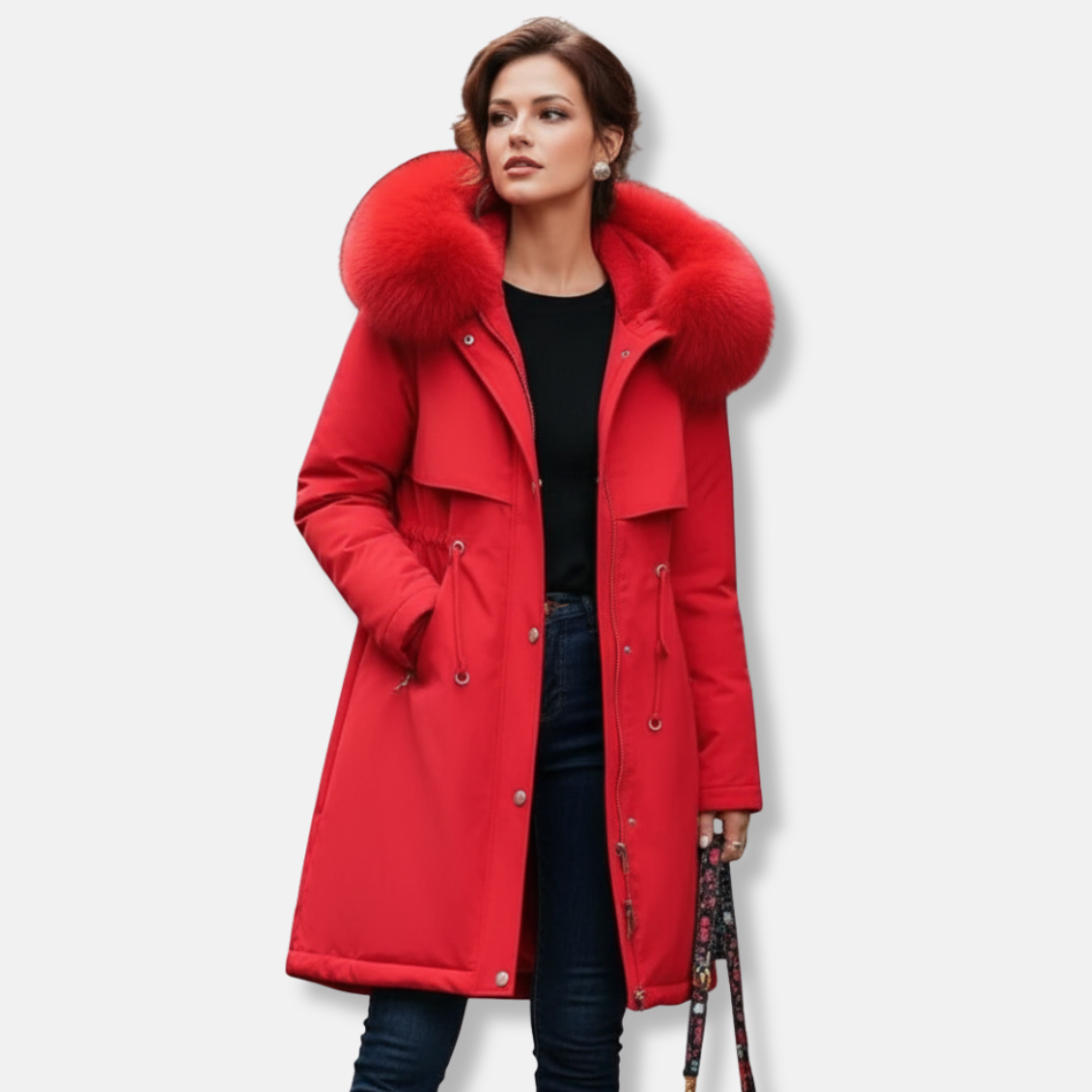 Women’s Winter Coat - Quilted Shell - Hooded - Faux Fur Trim - Knee Length