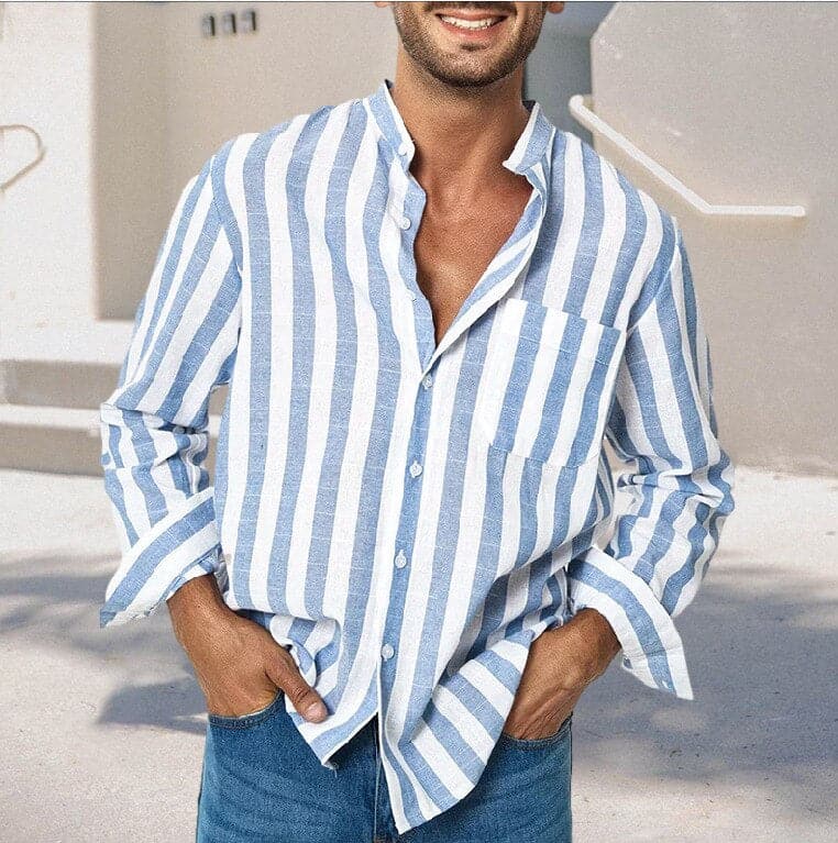 Herreskjorte - Langermet Button-Up - Pustende Bomull - Smal Passform - Stripet Design