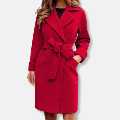 Women's Trench Coat – Tailored Fit – Wool Texture – Knee Length – Belt at Waist