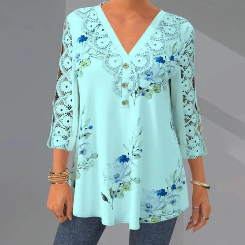 Damebluse - Blomsterprint - Blonder V-hals - 3/4 Ermer - Løs Passform - Knappedetaljer