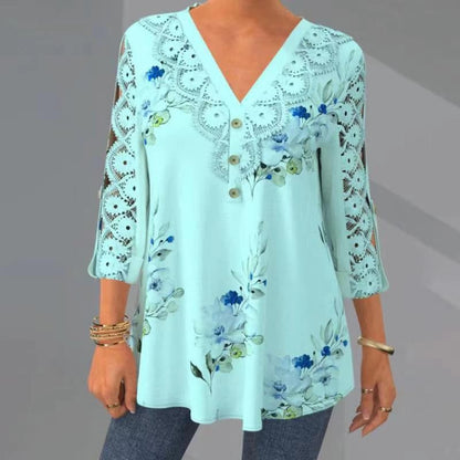 Damebluse - Blomsterprint - Blonder V-hals - 3/4 Ermer - Løs Passform - Knappedetaljer