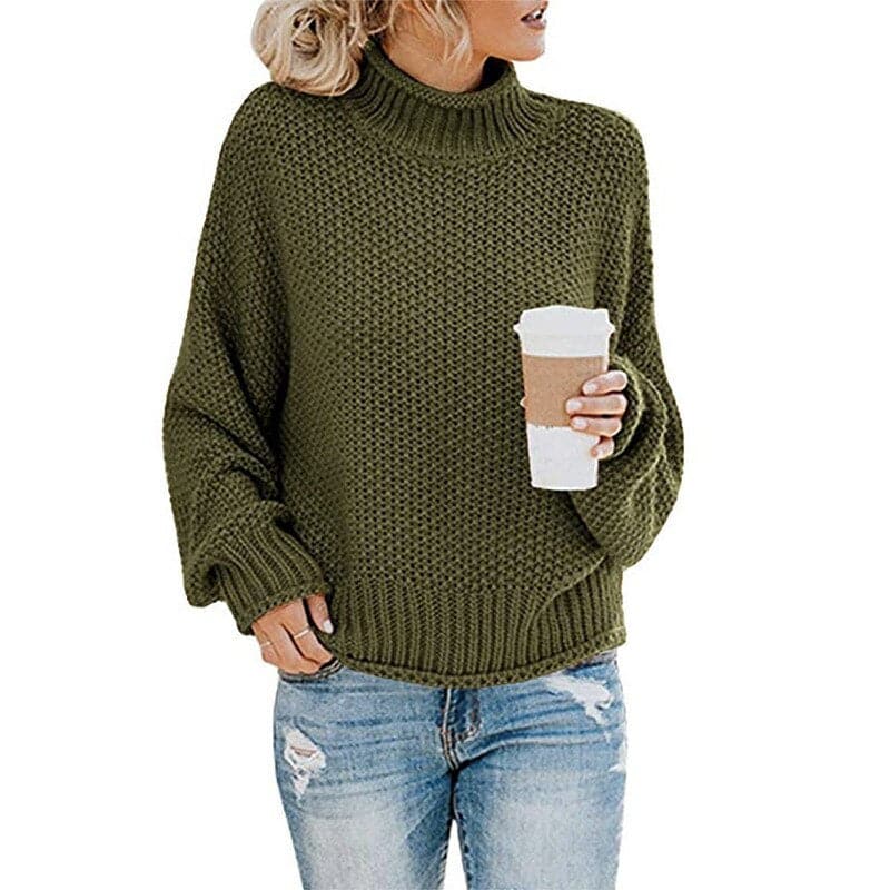 Dame Strikkegenser - Høy Høyhalset - Chunky Strikk - Oversized Passform - Lange Ermer