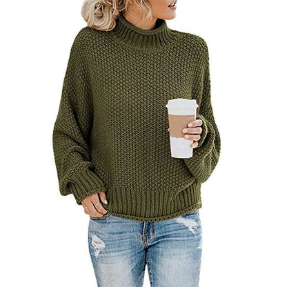Dame Strikkegenser - Høy Høyhalset - Chunky Strikk - Oversized Passform - Lange Ermer