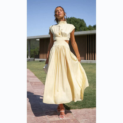 Dress for Women – Midi Fit & Flare – High Neck – Short Sleeves – Cut-Out Details
