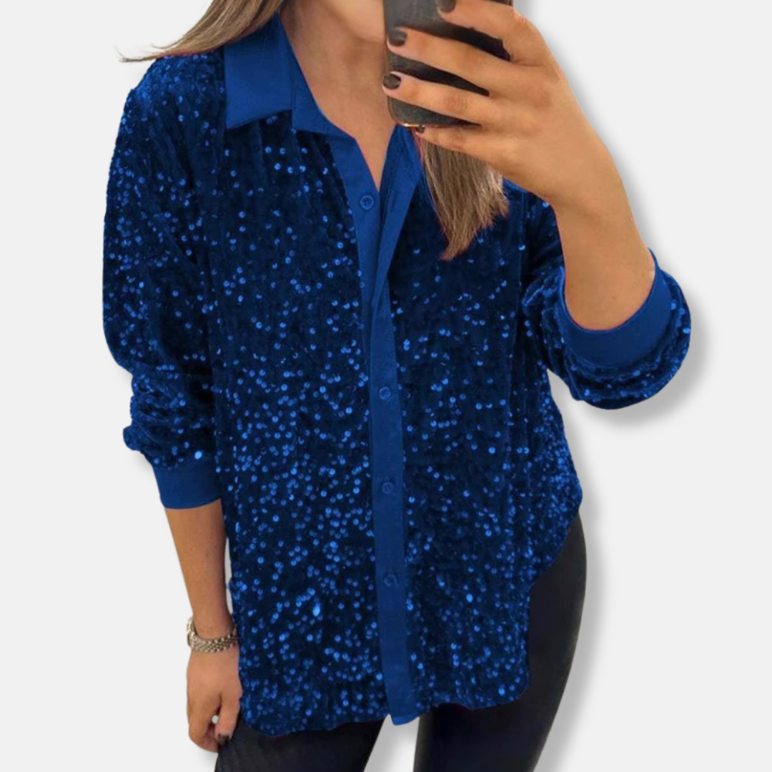 Women's Shirt – Sequins – Relaxed Fit – Classic Collar – Party Outfit