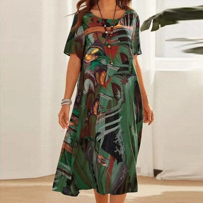Women's Maxi Dress – Loose Fit – Round Neck – Short Sleeves – Abstract Pattern