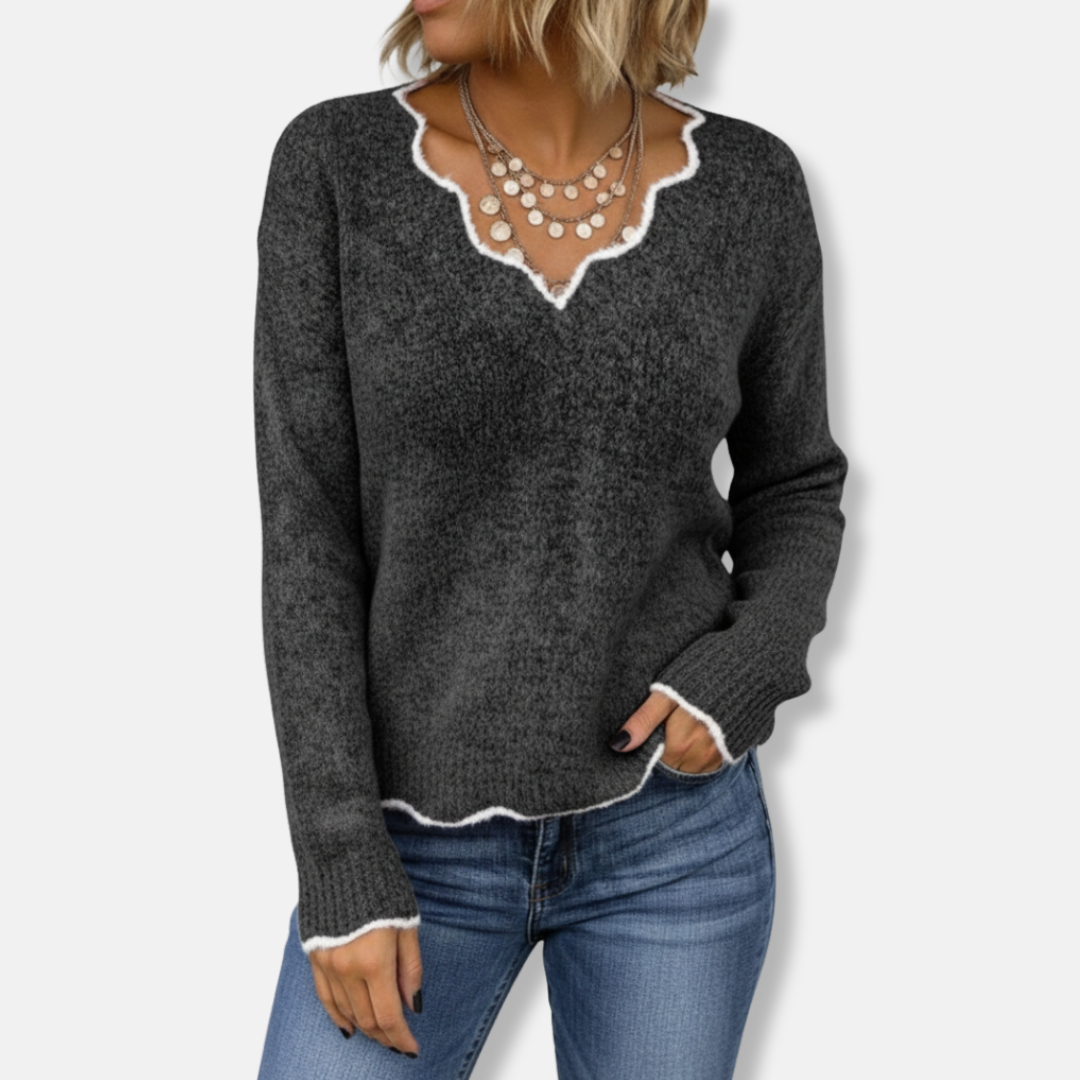 Women's Sweater – Wool Knit – Relaxed Fit – Wavy Neckline – Soft Everyday Style