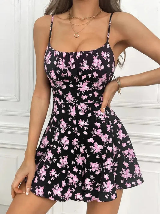 Dress for Women - Mini Dress with Floral Print - Figure-Hugging Fit - Spaghetti Straps
