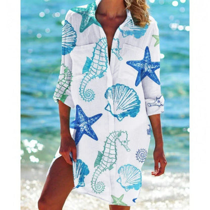 Women's Tunic Beach Dress – Relaxed Fit – Breathable Fabric – Button Front