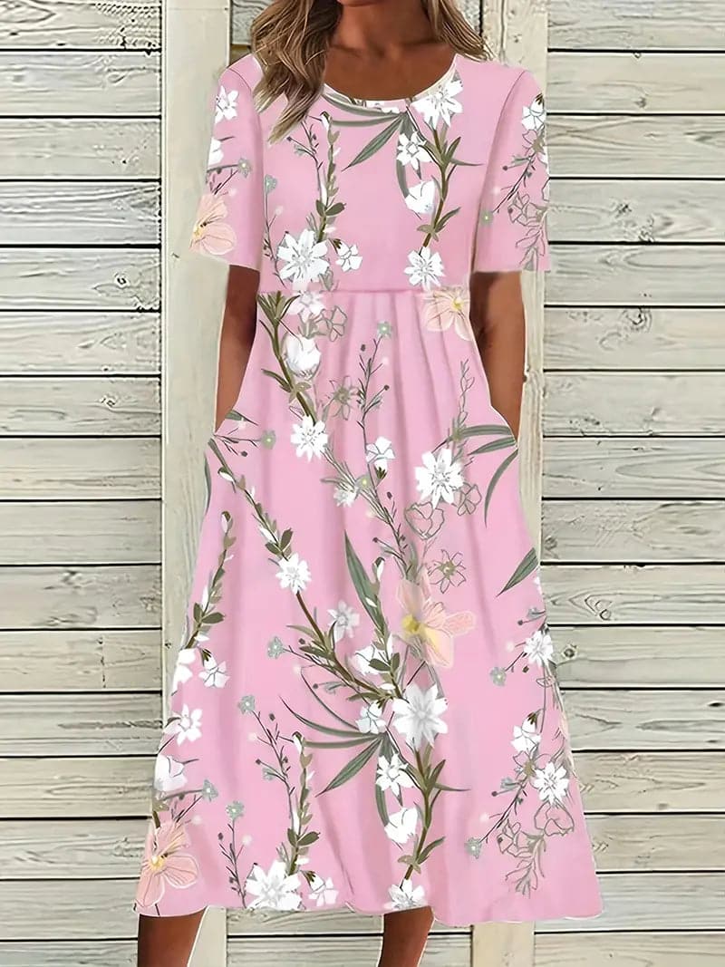 Women's Dress - A-line Midi - Floral Print - Short Sleeves - Round Neck - With Pockets