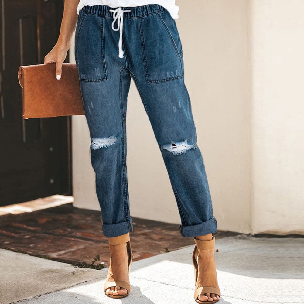 Dame Jeans – Avslappet Passform – Ripped Denim – Elastisk Midje med Snøring