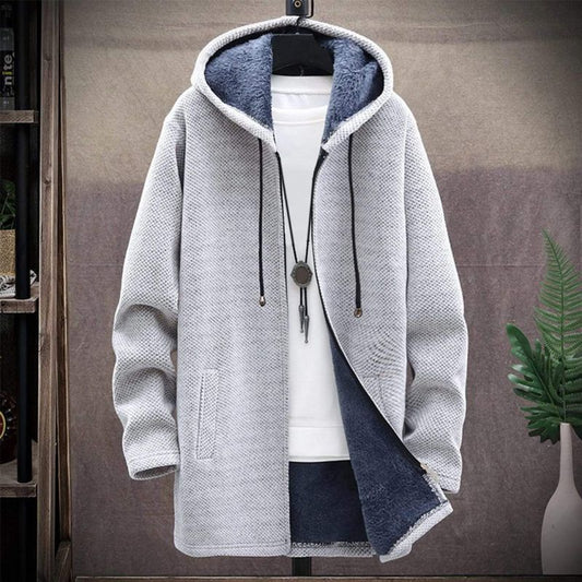 Men's Hooded Cardigan - Knitted Texture - Lined with Fleece - Open Front - With Side Pockets