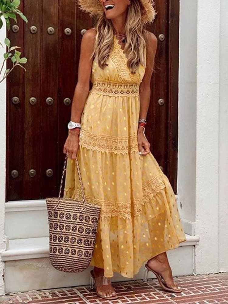 Women's Maxi Dress - V-neck Sleeveless - Lace and Ruffles - Elegant and Comfortable