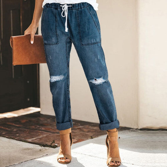 Dame Jeans - Joggerstil - Avslappet Passform - Strikket Midje med Snøring - Rullekant