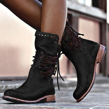 Women's Ankle Boots – Leather – Lacing – Stud Details – Low Heel – Round Toe