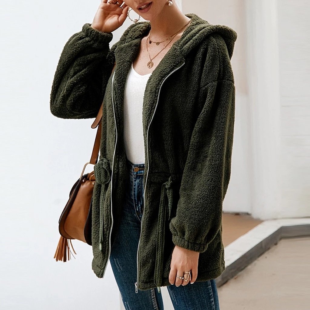 Dame Teddyjakke - Myk Plysj - Hette & Glidelås - Oversized Passform - Lommer