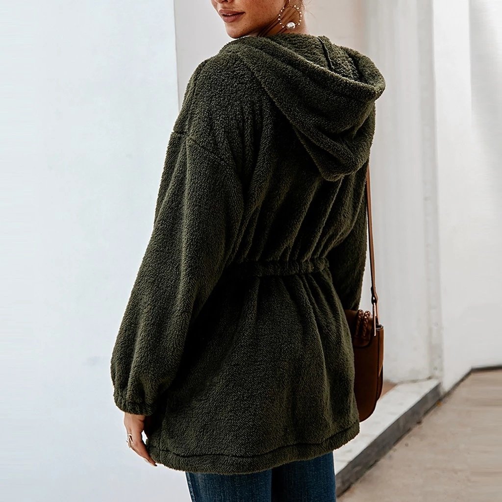 Dame Teddyjakke - Myk Plysj - Hette & Glidelås - Oversized Passform - Lommer