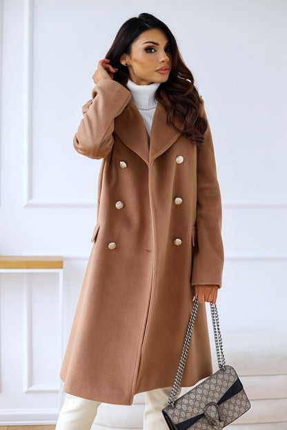 Women's Coat - Double-Breasted Wool Blend - Tailored Fit - Knee-Length with Side Pockets
