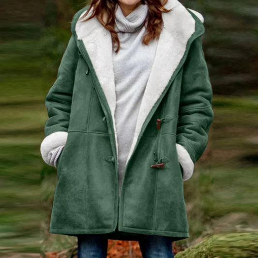 Women's Jacket with Hood – Fleece Lining – Relaxed Fit – Mid-Length – Toggle Details