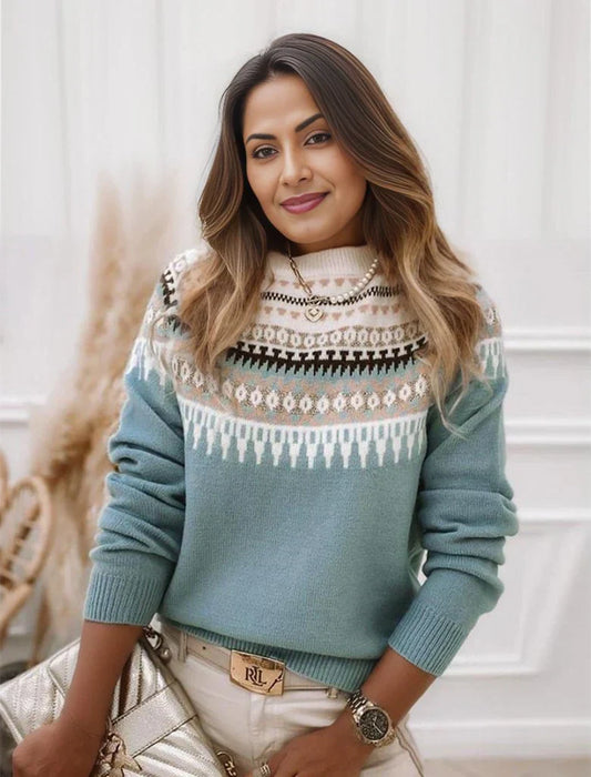 Women's Sweater - Knitted Wool Blend - Fair Isle Pattern - Round Neck - Long Sleeves