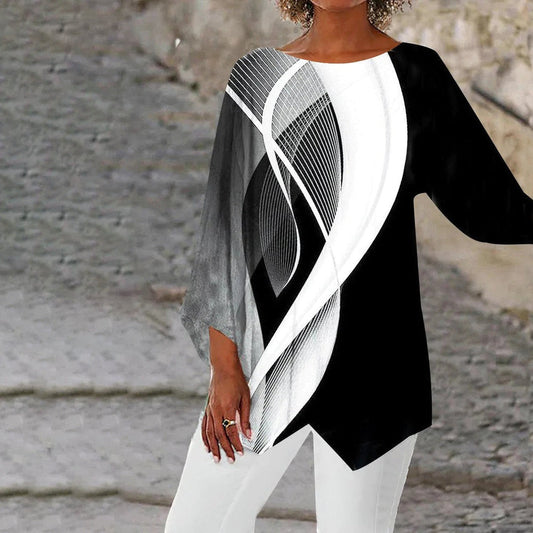 Women's Tunic Top – Relaxed Fit – Geometric Pattern – Asymmetric Hem – Breathable Fabric