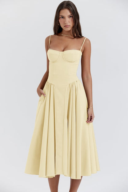 Women's Midi Dress – A-line Fit – Corset Bodice – Spaghetti Straps – Light Cotton