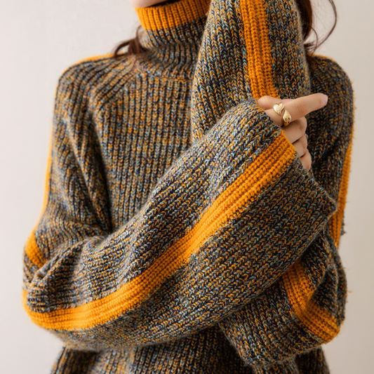 Women's Knitted Sweater - High Neck - Chunky Knit - Oversized Fit - Ribbed Cuffs