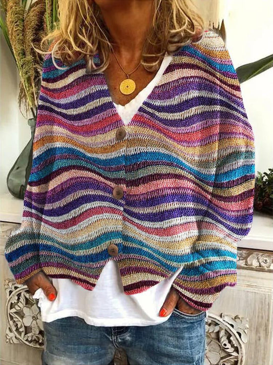 Women's Cardigan - Loose Fit - Knitted V-neck - Three Buttons - Long-sleeved Casual