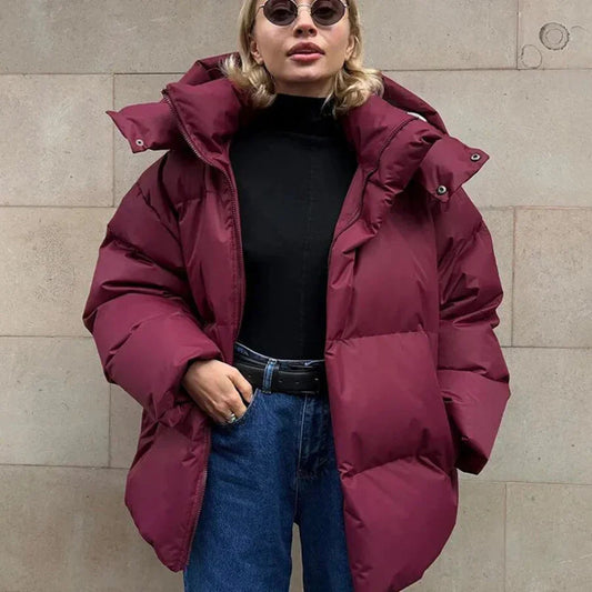 Women's Puffer Jacket – Oversized Fit – Padded Hood – Mid-Length Quilted Design