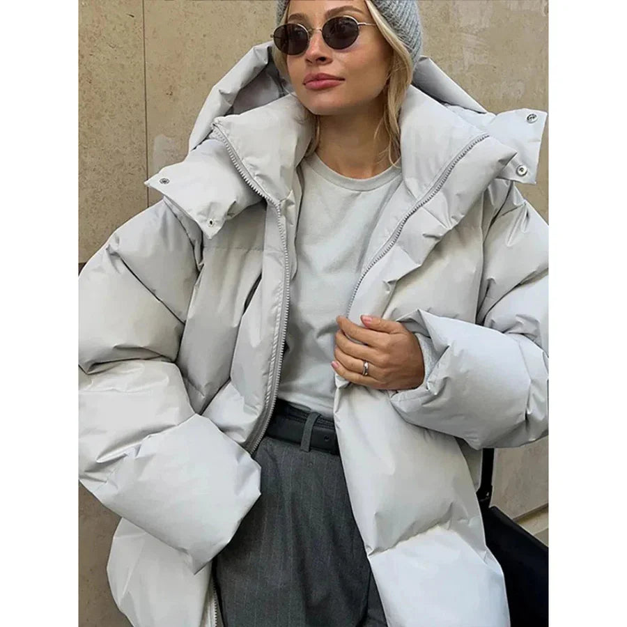Women's Puffer Jacket – Oversized Fit – Padded Hood – Mid-Length Quilted Design