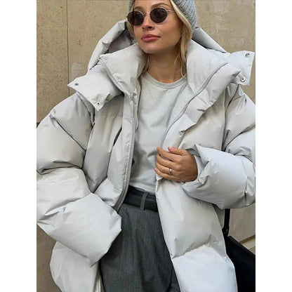 Women's Puffer Jacket – Oversized Fit – Padded Hood – Mid-Length Quilted Design
