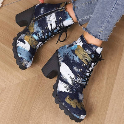 Women's Ankle Boots - Patterned Textile - Lacing - Block Heel - Chunky Sole
