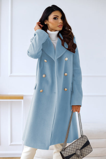 Women's Coat - Double-Breasted Wool Blend - Tailored Fit - Knee-Length with Side Pockets