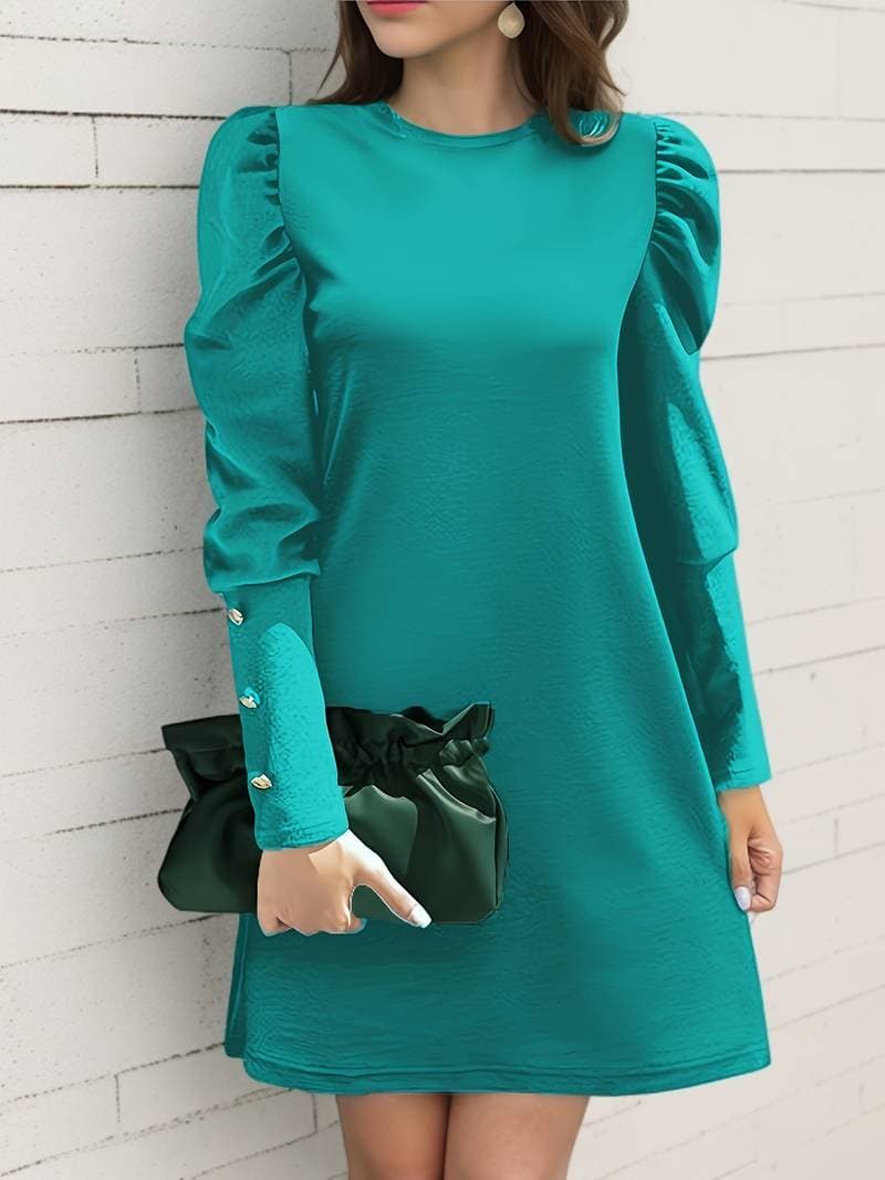 Dress for Women – Elegant A-Line – Puff Sleeves – Knee-Length – Button Details