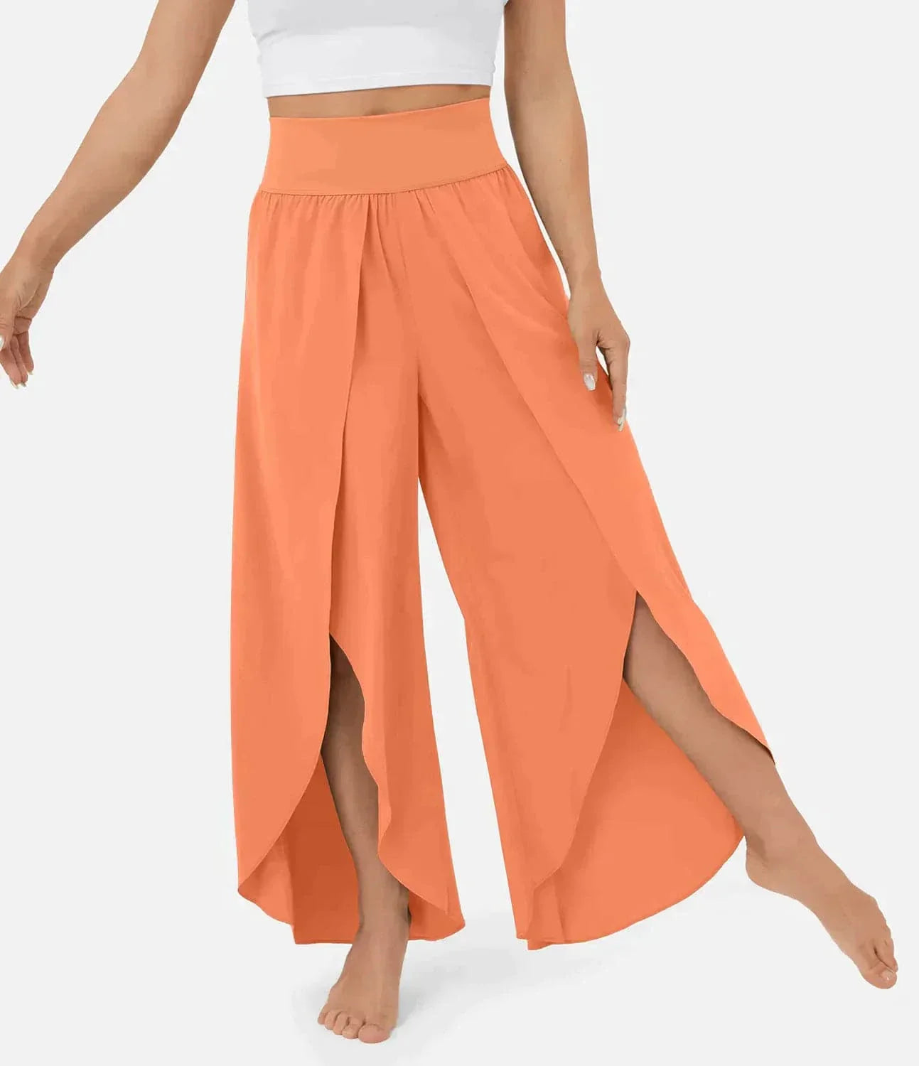 Women's Wide Pants – Flowy Fit – High Slits – Elastic Waist – Light and Comfortable