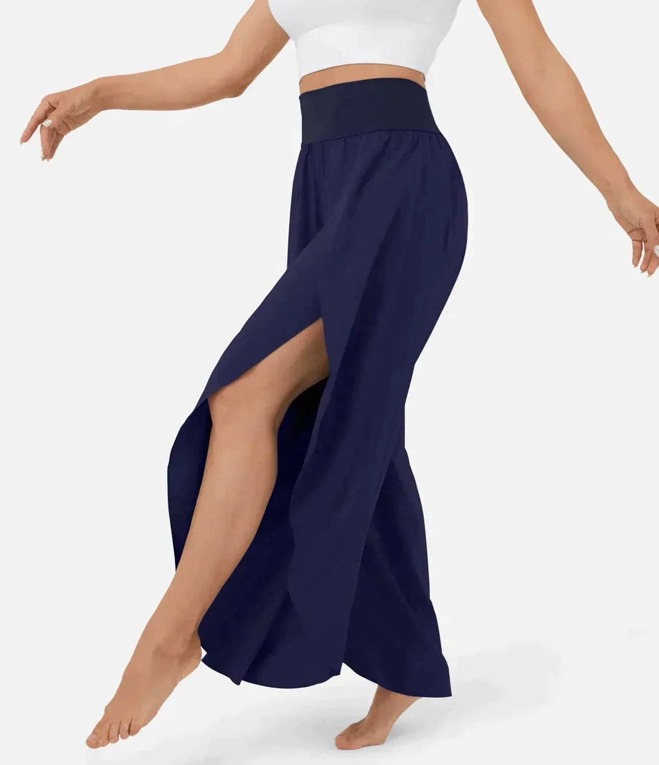 Women's Wide Pants – Flowy Fit – High Slits – Elastic Waist – Light and Comfortable