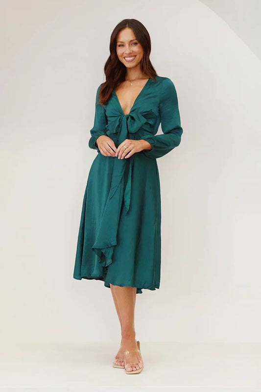 Dress for Women – Midi Length – Figure-Hugging Fit – Bow Detail – Silky Soft Fabric