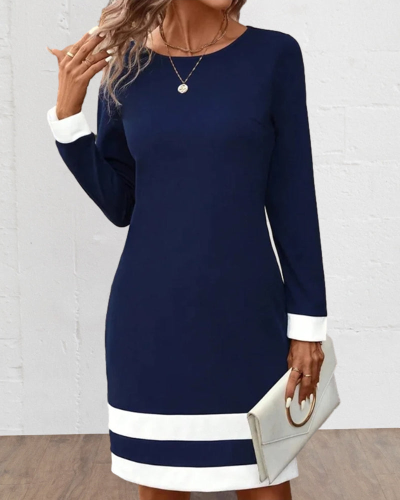 Dress for Women – Knee-Length – Tailored Fit – Long Sleeves – Elegant Contrast Detail