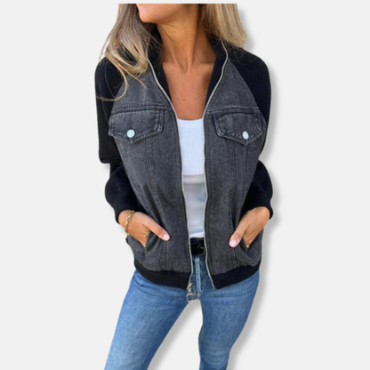 Women's Bomber Jacket – Wool Blend – Denim Details – Zipper – Regular Fit