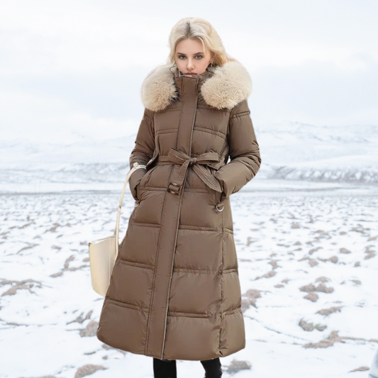 Women's Long Winter Jacket - Puffer Design - Faux Fur Hood - Belted Waist - Warm and Insulating