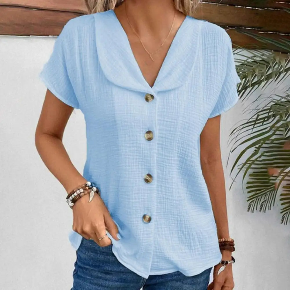 Women's Blouse – Relaxed Fit – Crinkle Texture – Short Sleeve – Cropped Length