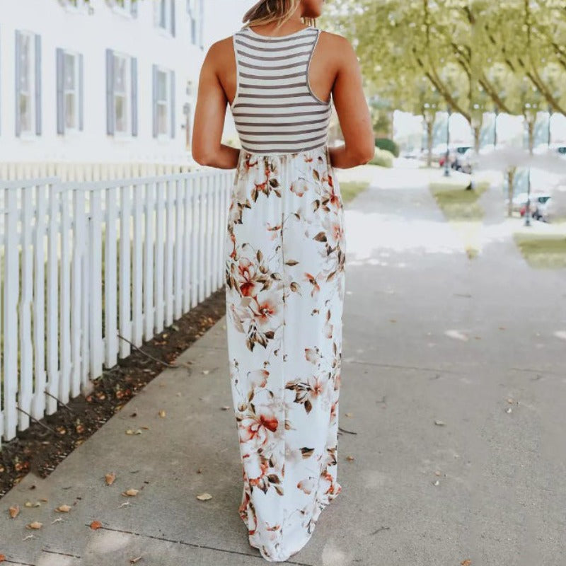 Women's Maxi Dress – Sleeveless with Round Neck – Floral Print and Stripes – Loose Fit with Pockets