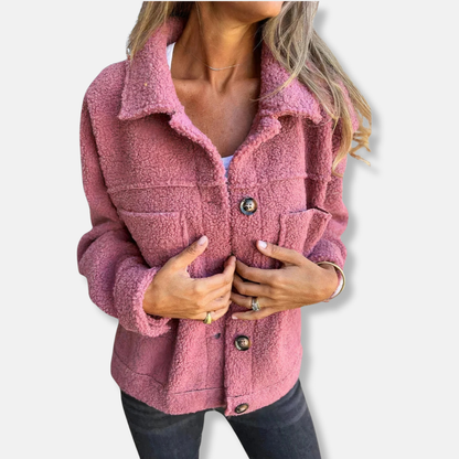 Women's Sherpa Jacket - Soft Fluffy Texture - Relaxed Fit - Button Closure and Pockets