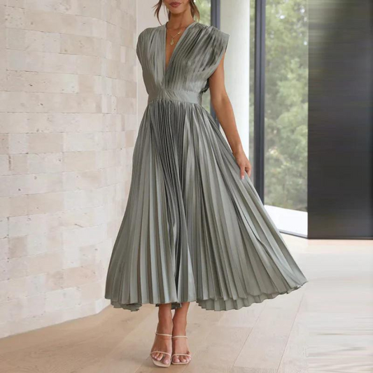 Dress for Women – Midi Length – A-line Fit – V-neck – Elegant Pleated Design