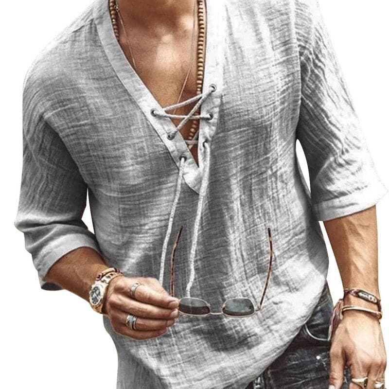 Men's Shirt - Light and Breathable - V-neck with Lacing - Comfortable Loose Fit