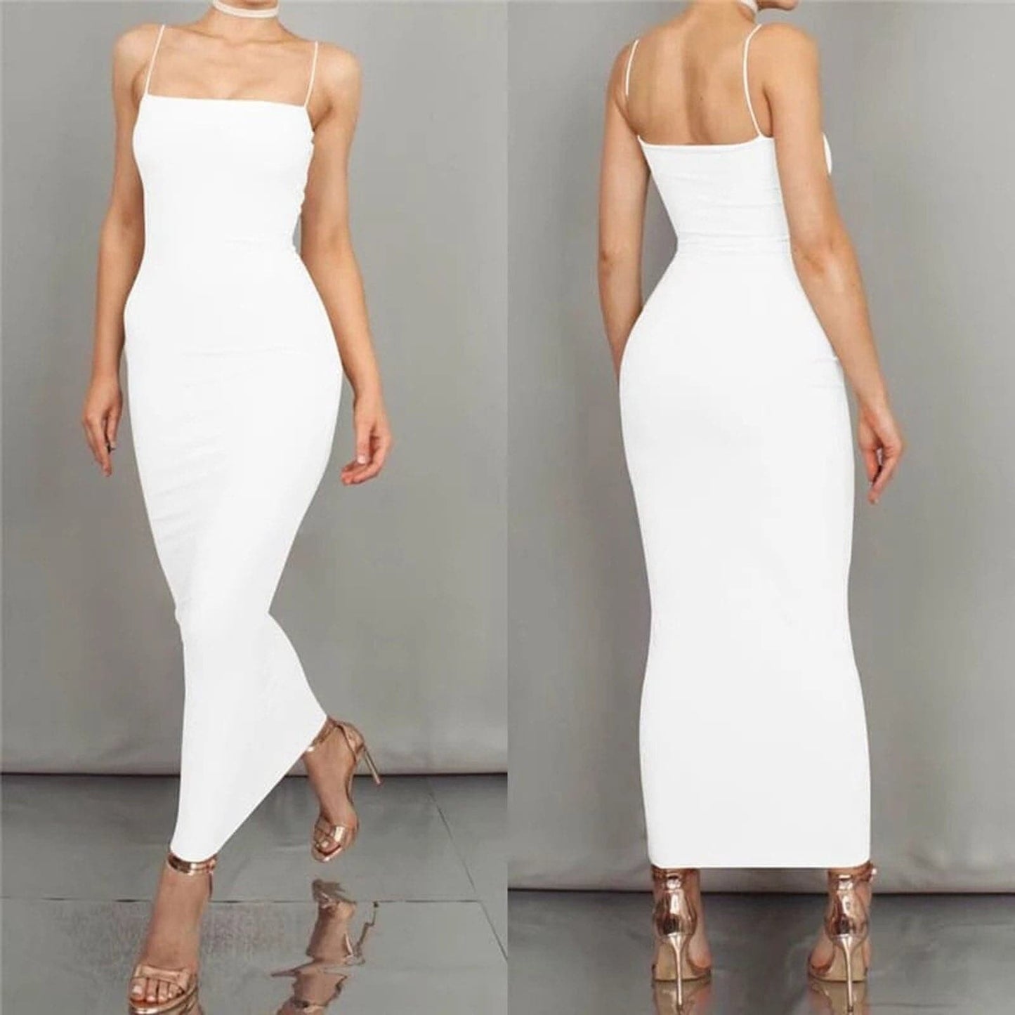 Women's Midi Dress - Tight Bodycon Fit - Square Neckline - Spaghetti Straps