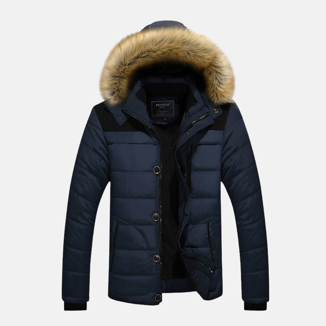 Men’s Jacket - Quilted Shell - Slim Fit - Removable Faux Fur Hood - Ribbed Cuffs