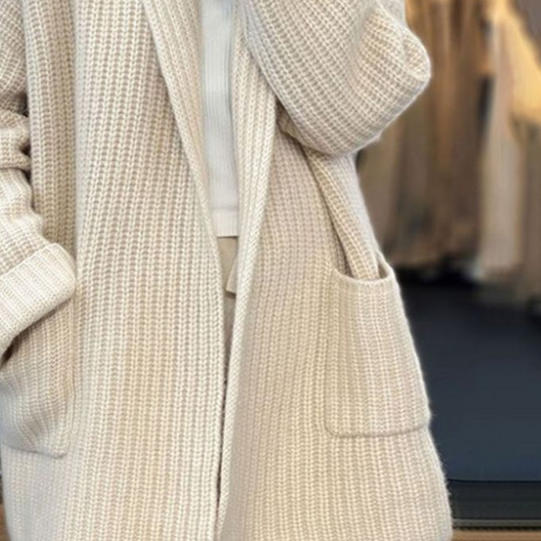 Dame Strikket Cardigan - Chunky Struktur - Åpen Front - Med Sjalkrage og Lommer