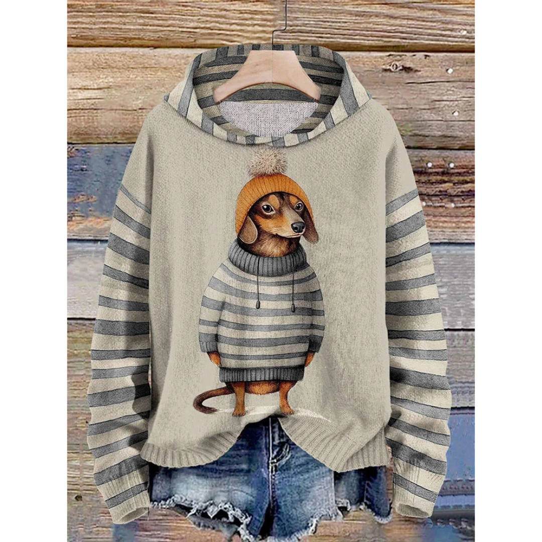 Hoodie Women – Relaxed Fit – Fleece Feel – Dog Print – Striped Sleeves